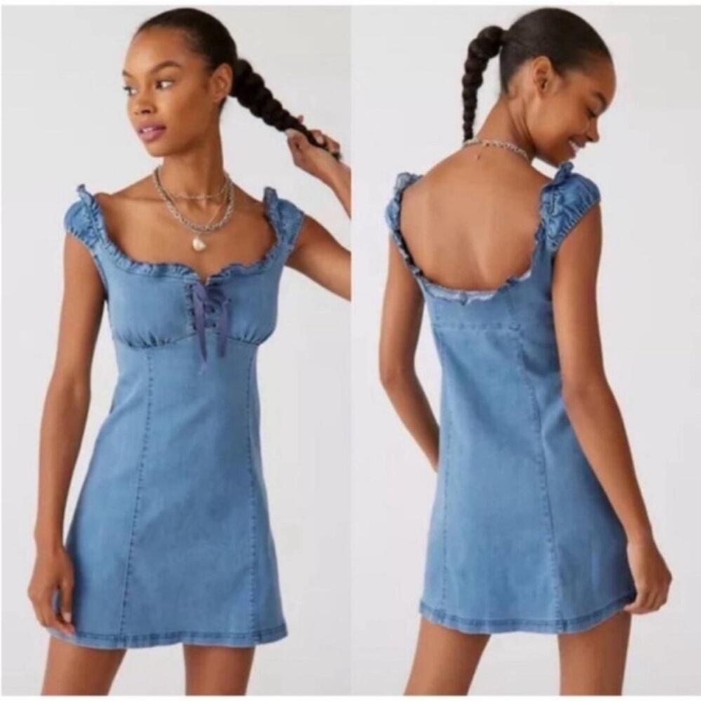 Urban Outfitters | Nayda Denim Ruffle Mini Dress Peasant Lace Up New Blue Large
